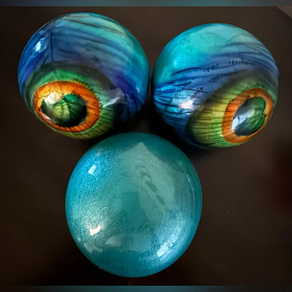 Pier 1 Peacock Orb Sphere Set | Teal Multi Color Decorative Balls Set of 3 | 4”